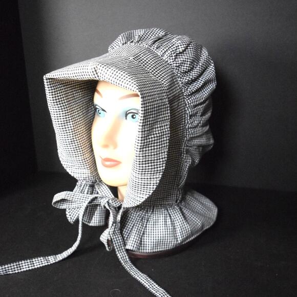 Acadian Style Bonnet Historic Reproduction Hat Costume Gingham Check Ruffles - Picture 2 of 12